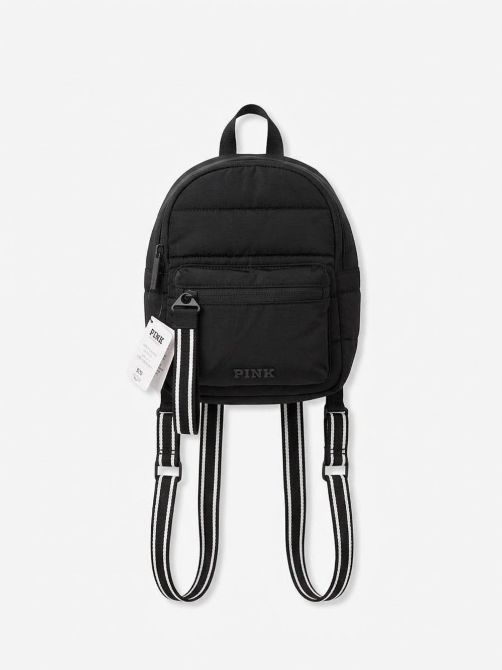 PINK Victoria's Secret convert Black Mini Quilted Backpack with Striped Straps